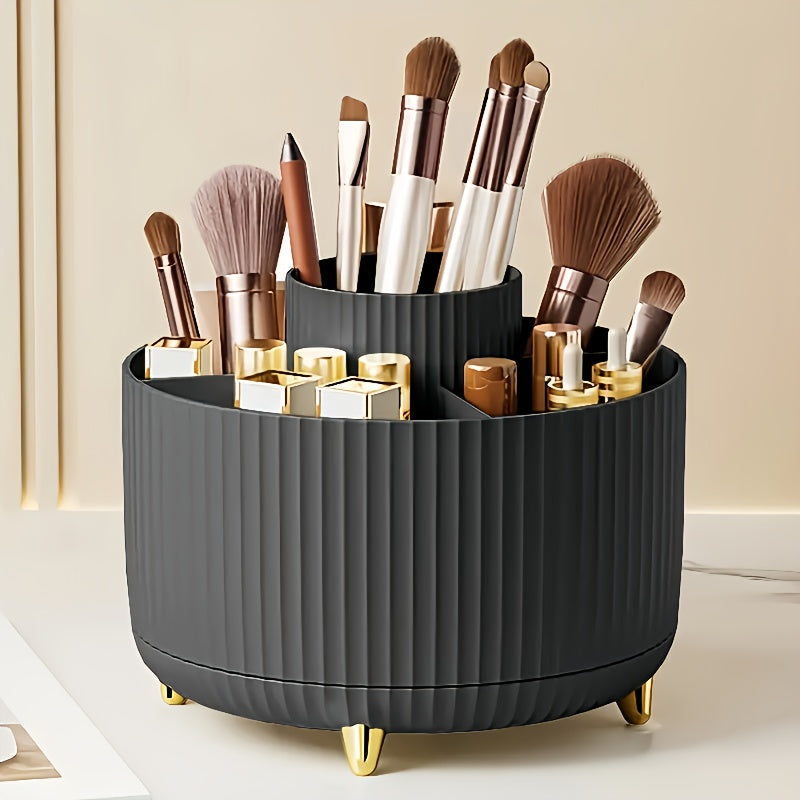 Durable 360° Rotating 1pc Plastic Makeup Organizer with 5 Compartments - Multi-Functional Luxury Stripe Design Holder for Brushes, Lipsticks, Skin Care Products, and Stationery - Easy to Clean Desk Caddy