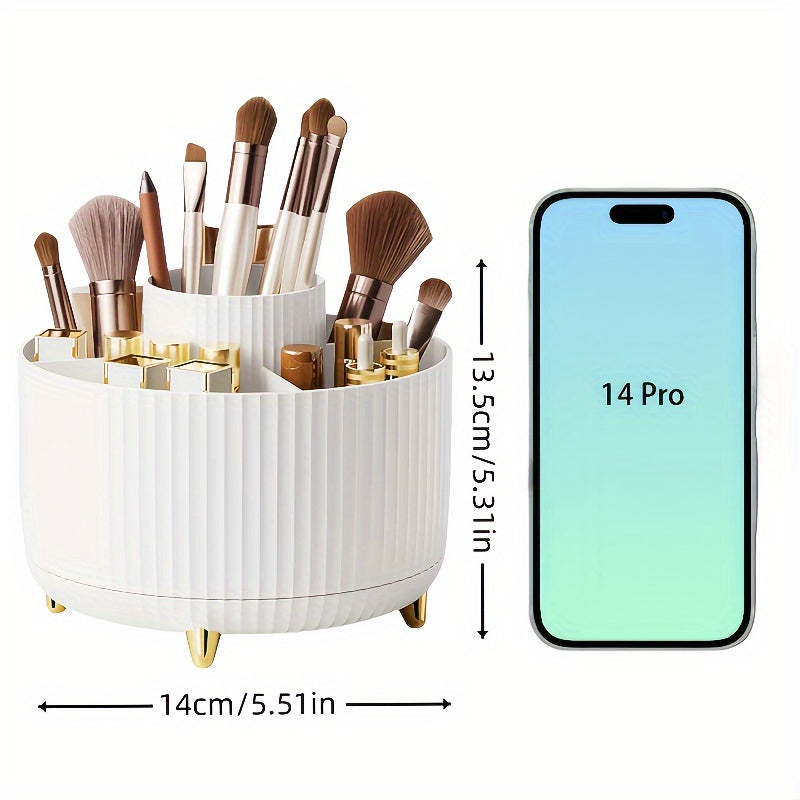 Durable 360° Rotating 1pc Plastic Makeup Organizer with 5 Compartments - Multi-Functional Luxury Stripe Design Holder for Brushes, Lipsticks, Skin Care Products, and Stationery - Easy to Clean Desk Caddy