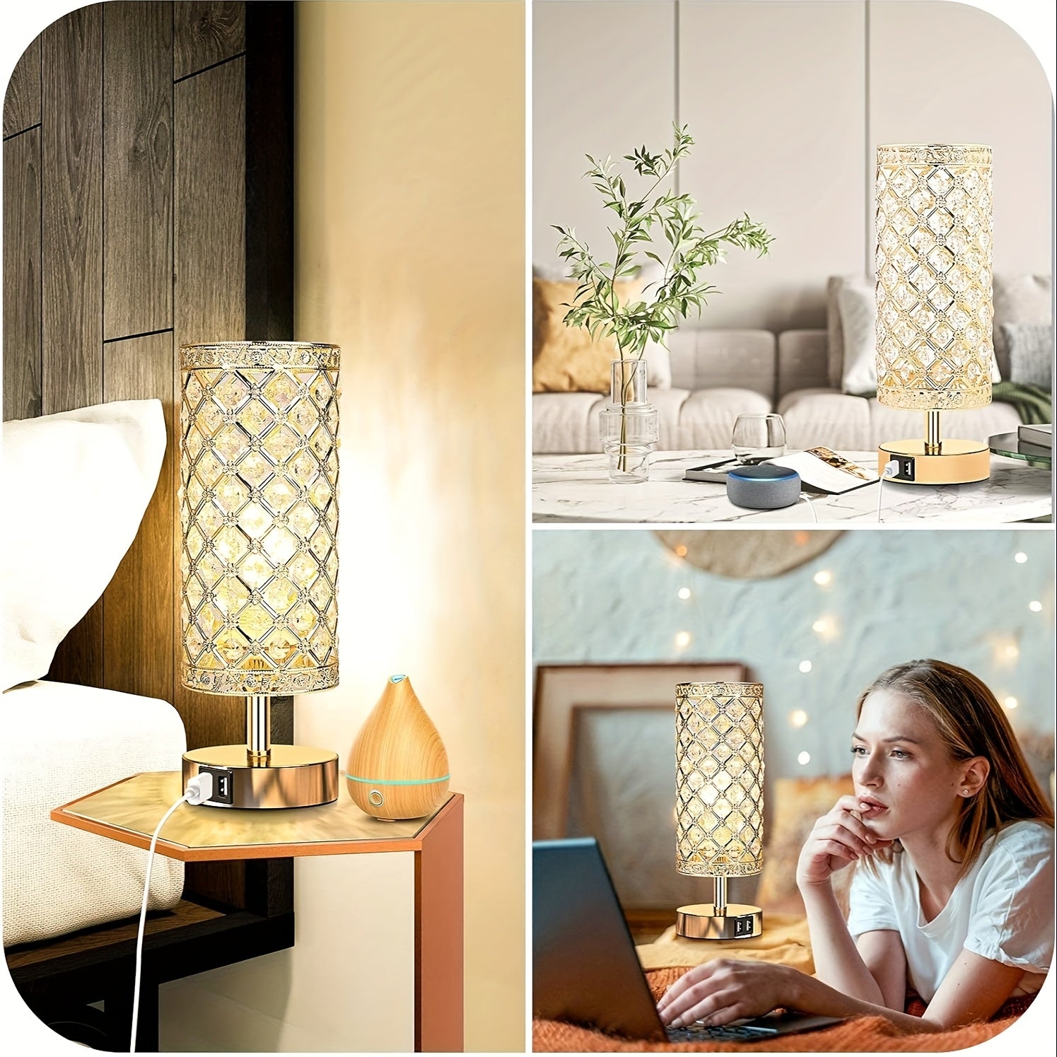 Touch Control Crystal Table Lamp Set of 2 Bedside Nightstand Lamps with 2 USB Charging Ports, 3-Way Dimmable, K9 Crystal Decorative Desk Lamp for Bedroom, Girls Guest Room, Living Room, Bulbs Included