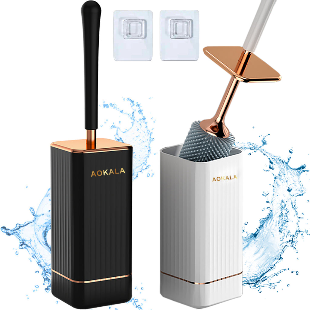 Aokala Toilet Brush and Holder, Elegant Silicone Toilet Bowl Brush Set with Ergonomic Long Handle, Modern Bathroom Decor Cleaning Accessories, Durable, Deep Cleaning Christmas gifts/Halloween gifts! - Black & White