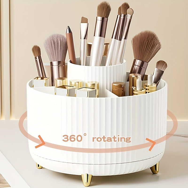 Durable 360° Rotating 1pc Plastic Makeup Organizer with 5 Compartments - Multi-Functional Luxury Stripe Design Holder for Brushes, Lipsticks, Skin Care Products, and Stationery - Easy to Clean Desk Caddy