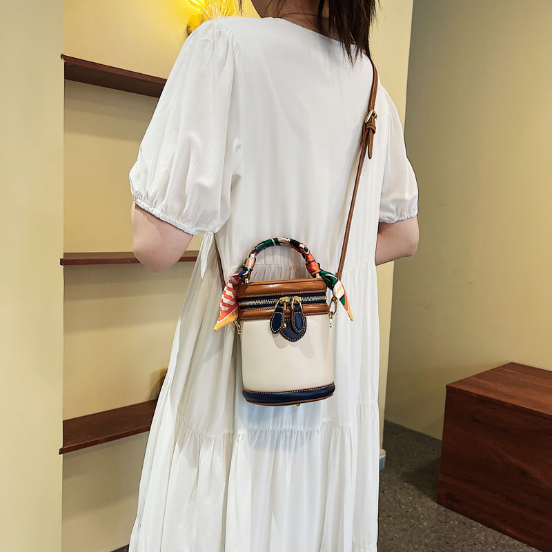 Colorblock Shoulder Cylinder Bucket Bag, Scarf Decor Top Handle Bag, Stylish Crossbody Purse For Women