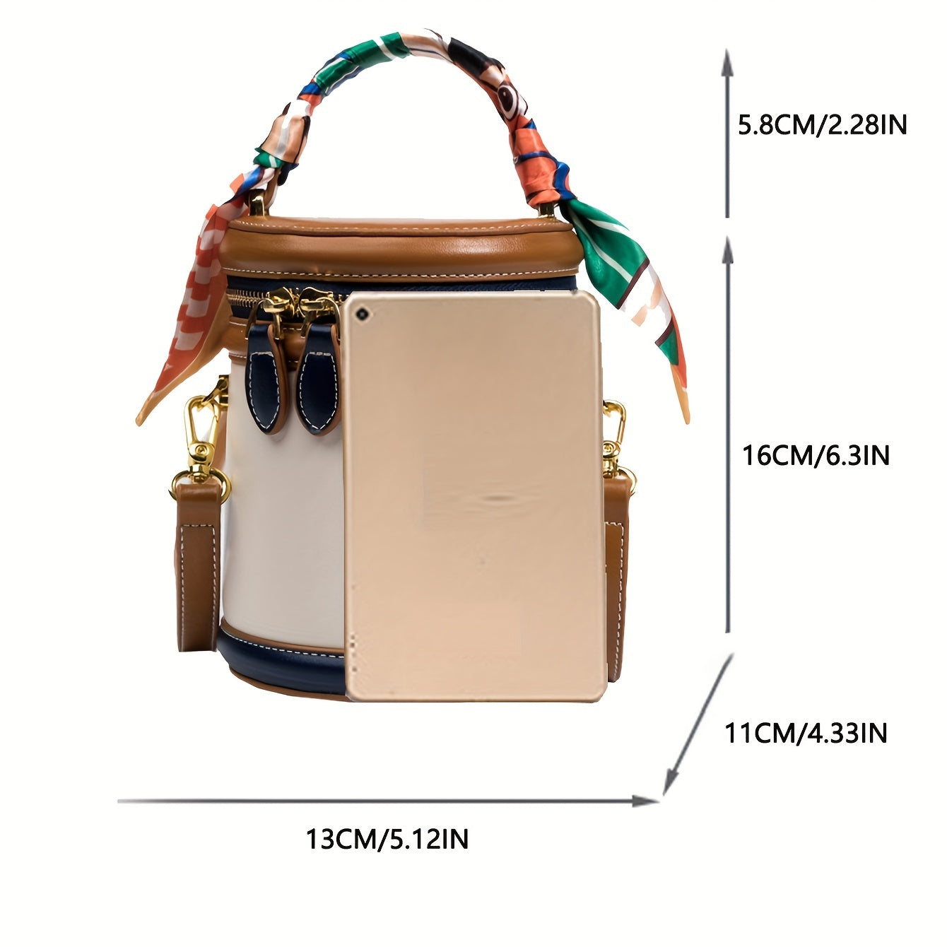 Colorblock Shoulder Cylinder Bucket Bag, Scarf Decor Top Handle Bag, Stylish Crossbody Purse For Women