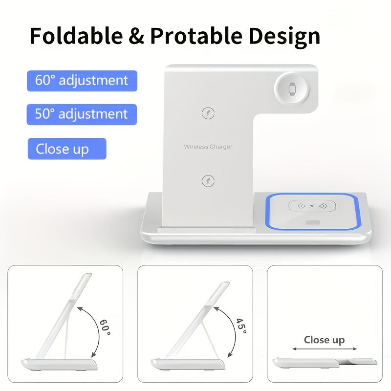 TIMESS-Wireless Charging Station 3-in-1 Standard 15W Fast Mag-Safe Charger Stand with QC3.0 Adapter, Suitable for iPhone 15 14 13 12 11 X 8 Pro Max/Pro/Mini/Plus, for iWatch Ultra 9/8 7/6/5/4/3/2, for Airpods 3/2