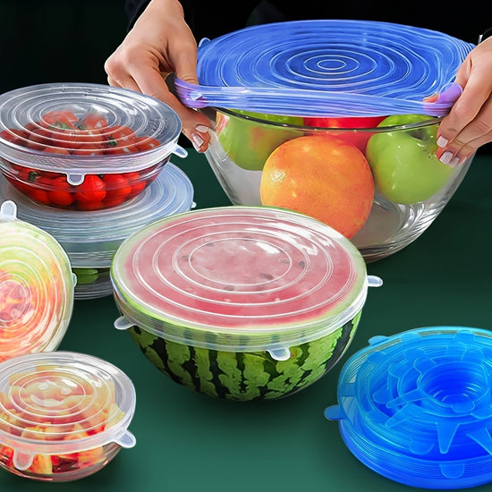 6 Silicone Stretch Lids, Reusable Durable Food Storage Covers for Bowls, Fits Most Containers in 6 Different Sizes, Dishwasher and Refrigerator Safe