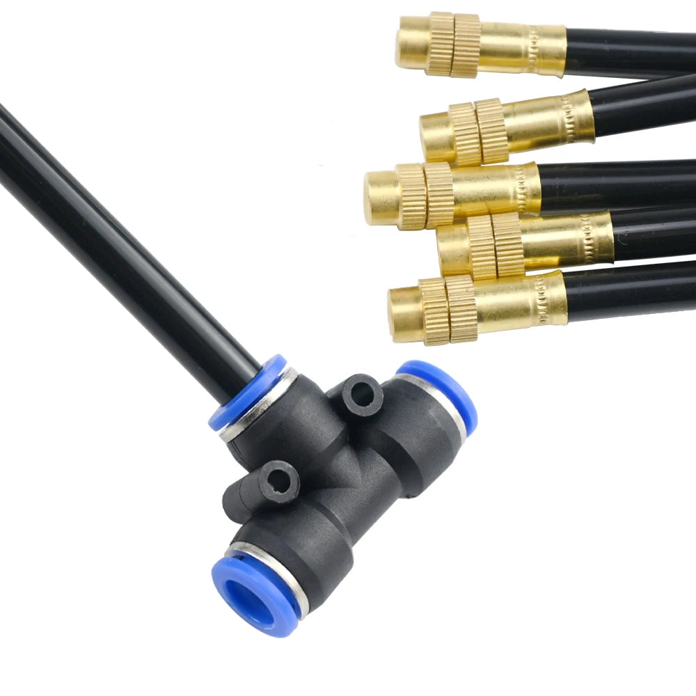 5Pcs Brass Misting Nozzles Tee with 20cm Built in Hose for Outdoor Cooling System Adjustable 360° Rotation Nozzles Sprayer