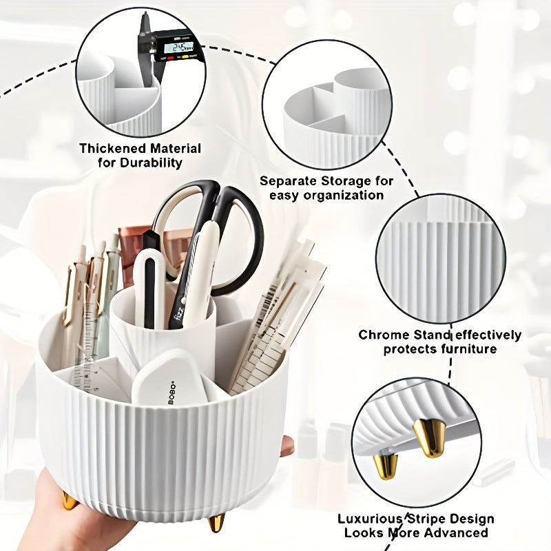 Durable 360° Rotating 1pc Plastic Makeup Organizer with 5 Compartments - Multi-Functional Luxury Stripe Design Holder for Brushes, Lipsticks, Skin Care Products, and Stationery - Easy to Clean Desk Caddy