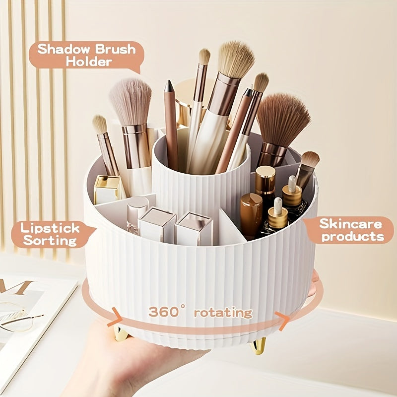 Durable 360° Rotating 1pc Plastic Makeup Organizer with 5 Compartments - Multi-Functional Luxury Stripe Design Holder for Brushes, Lipsticks, Skin Care Products, and Stationery - Easy to Clean Desk Caddy