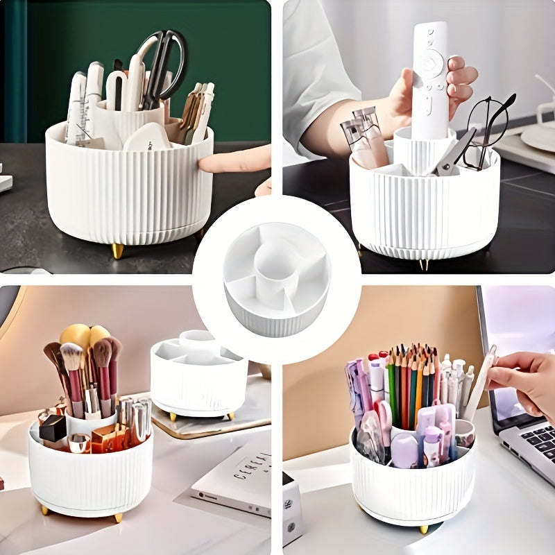 Durable 360° Rotating 1pc Plastic Makeup Organizer with 5 Compartments - Multi-Functional Luxury Stripe Design Holder for Brushes, Lipsticks, Skin Care Products, and Stationery - Easy to Clean Desk Caddy