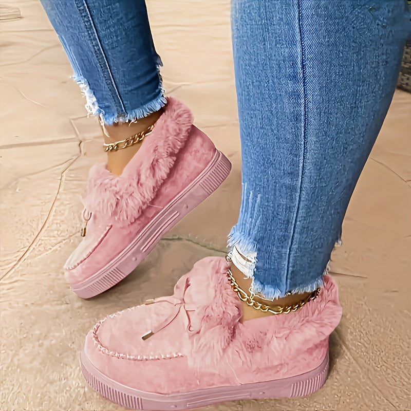 Women's Plush Faux Fur Winter Ankle Boots - Slip-On Snow Boots with Round Toe, Soft Fabric Upper & Lining, Non-Slip Rubber Sole - Plus Size Available in Vibrant Pink for Cold Weather Comfort, Cozy Indoor Slippers, Fashionable