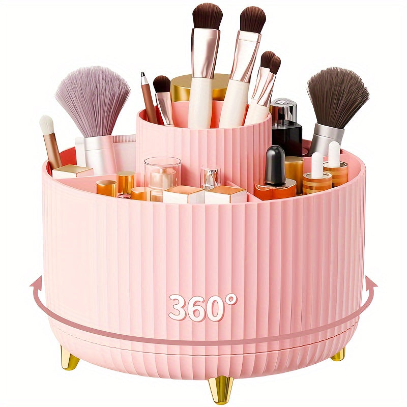 Durable 360° Rotating 1pc Plastic Makeup Organizer with 5 Compartments - Multi-Functional Luxury Stripe Design Holder for Brushes, Lipsticks, Skin Care Products, and Stationery - Easy to Clean Desk Caddy