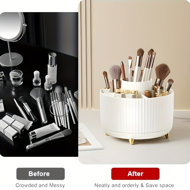 Durable 360° Rotating 1pc Plastic Makeup Organizer with 5 Compartments - Multi-Functional Luxury Stripe Design Holder for Brushes, Lipsticks, Skin Care Products, and Stationery - Easy to Clean Desk Caddy