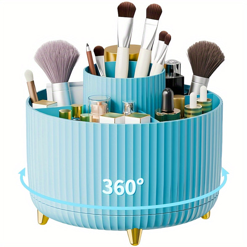 Durable 360° Rotating 1pc Plastic Makeup Organizer with 5 Compartments - Multi-Functional Luxury Stripe Design Holder for Brushes, Lipsticks, Skin Care Products, and Stationery - Easy to Clean Desk Caddy
