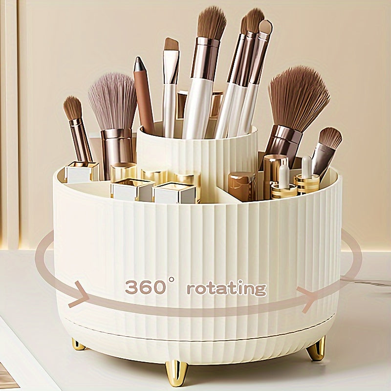 Durable 360° Rotating 1pc Plastic Makeup Organizer with 5 Compartments - Multi-Functional Luxury Stripe Design Holder for Brushes, Lipsticks, Skin Care Products, and Stationery - Easy to Clean Desk Caddy