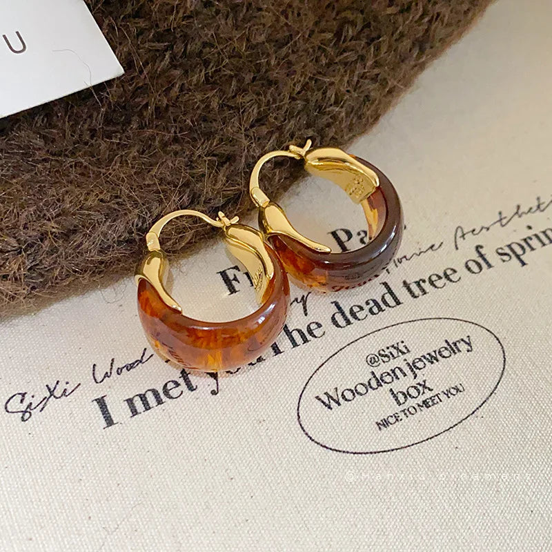 Gold Plating Dripping Coffee Color Tiger's-eye Stone Round U-shaped Hoop Earrings for Women Vintage Ear Buckles Fashion Jewelry