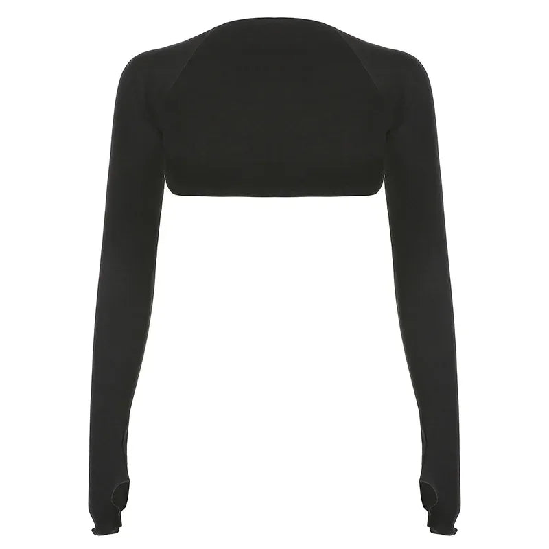 Women Thumbhole Long Sleeve Shrug Solid Color Open Front Cropped Cardigan Top Bodycon Slim Fit Sunscreen Arm Cover Jacket Gloves