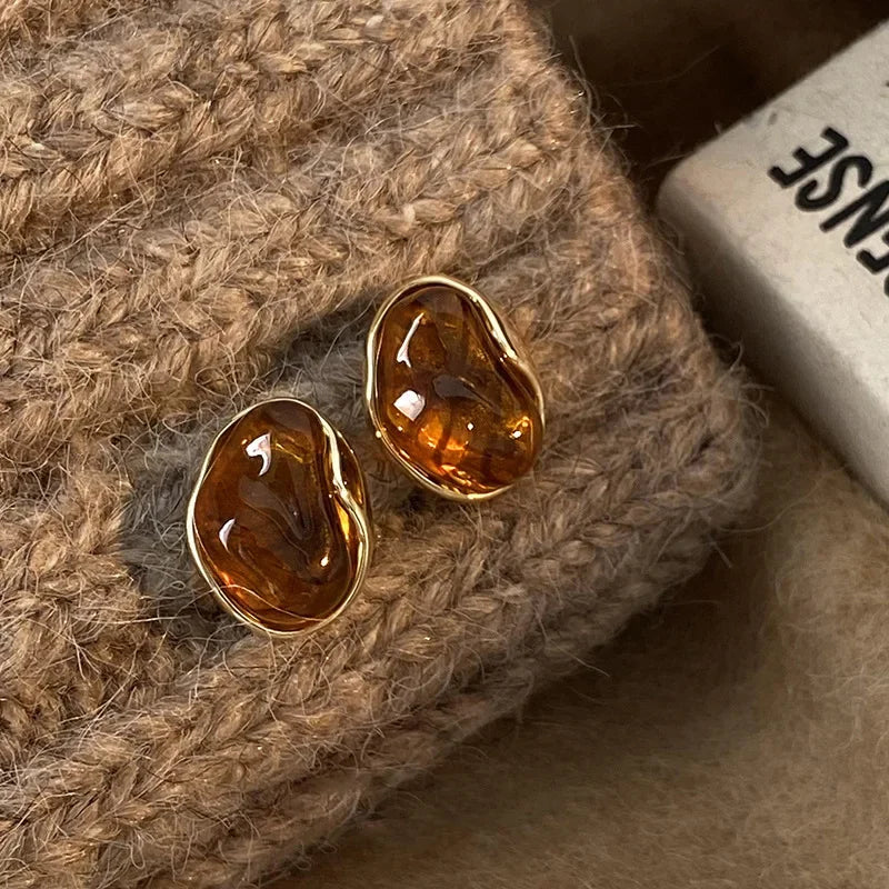 Vintage Brown Resin Tiger Eye Stone Dangle New Earrings For Women Fashion Silver Needle Earring Personality Melard Color Jewelry