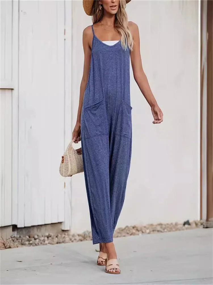 Women's summer 2024 casual pocket suspenders knitted one-piece trousers