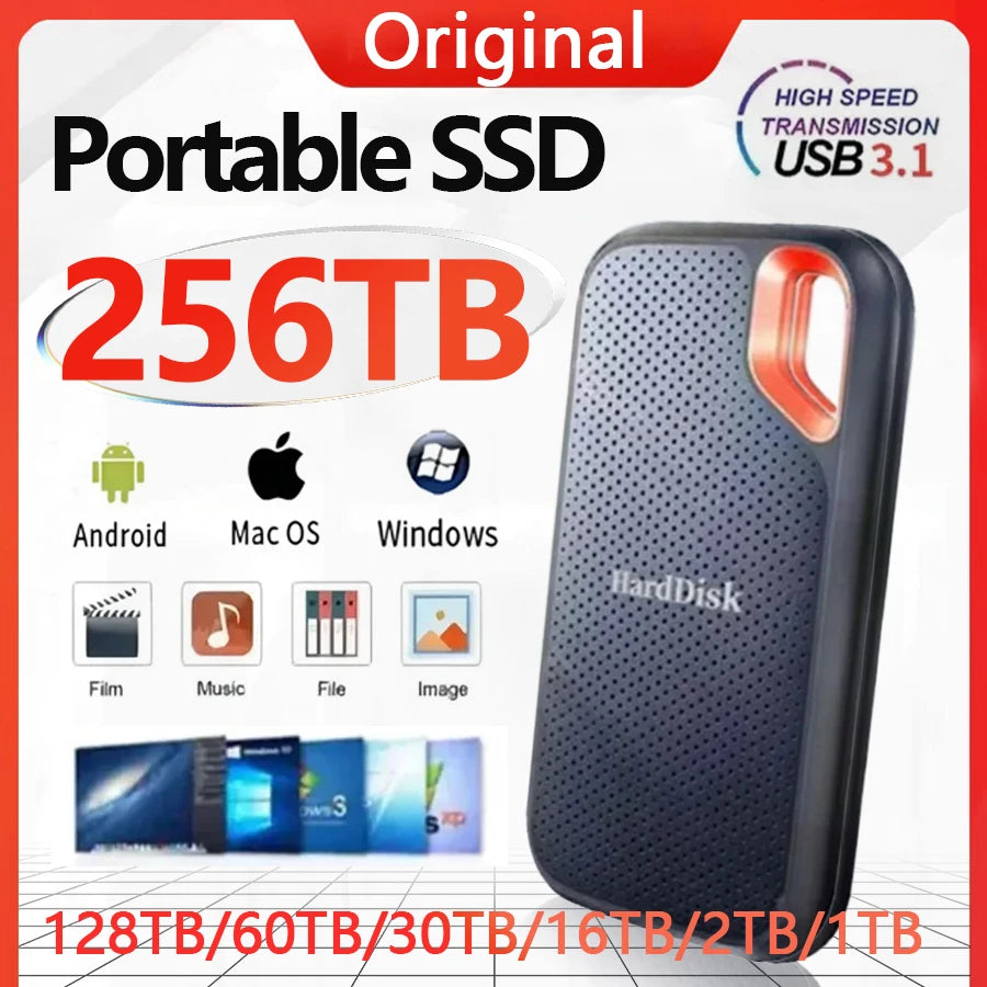 Portable SSD 256TB High Speed Hard Drive 1/2TB Type-C Solid Disk USB3.1 External ssd Original Hard Disk for Phone/Loptop/PC/Mac