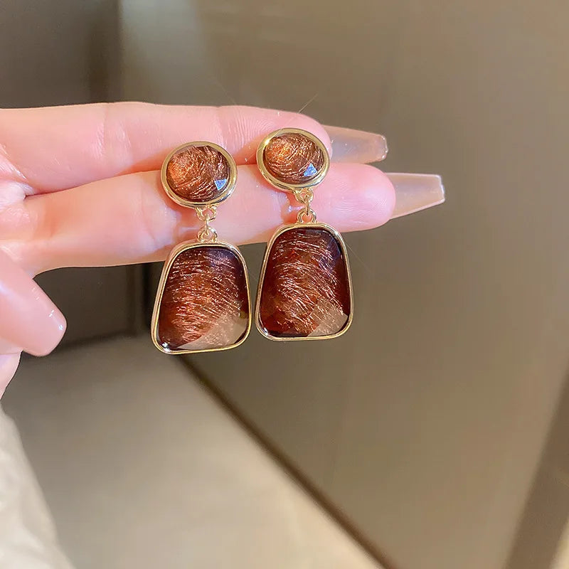 Vintage Brown Resin Tiger Eye Stone Dangle New Earrings For Women Fashion Silver Needle Earring Personality Melard Color Jewelry
