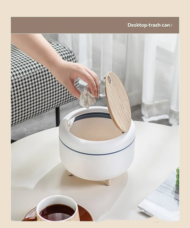 Household high - end trash can, tall - legged with lid for living room, push - type trash can, desktop storage bin for bedroom