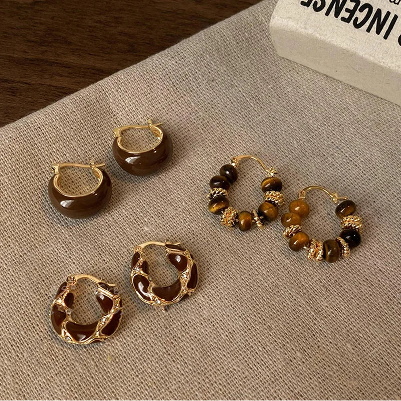 Gold Plating Dripping Coffee Color Tiger's-eye Stone Round U-shaped Hoop Earrings for Women Vintage Ear Buckles Fashion Jewelry