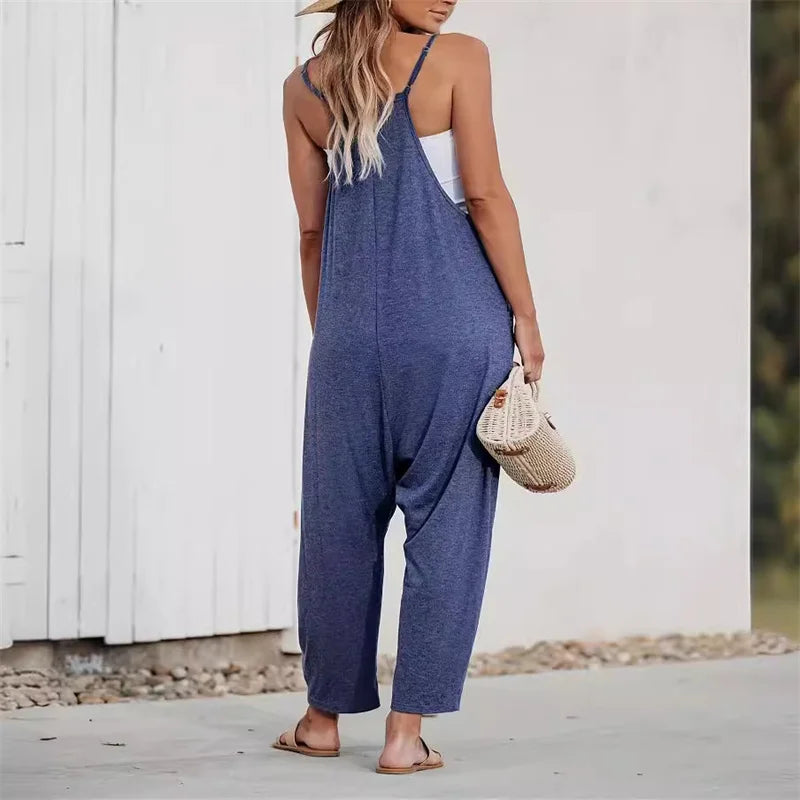 Women's summer 2024 casual pocket suspenders knitted one-piece trousers