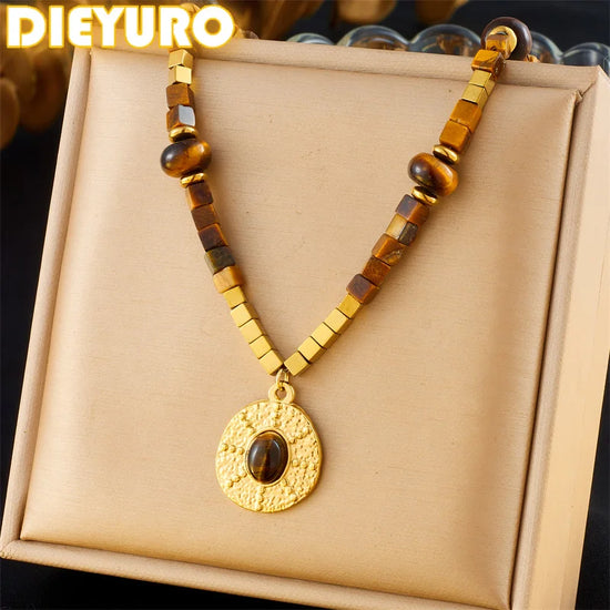 DIEYURO 316L Stainless Steel Square Beaded Vintage Tiger Eye Pendant Necklace For Women Fashion Trend Neck Chain Jewelry Gift
