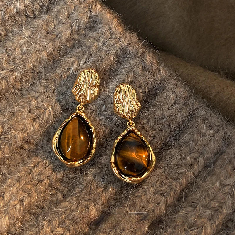 Vintage Brown Resin Tiger Eye Stone Dangle New Earrings For Women Fashion Silver Needle Earring Personality Melard Color Jewelry