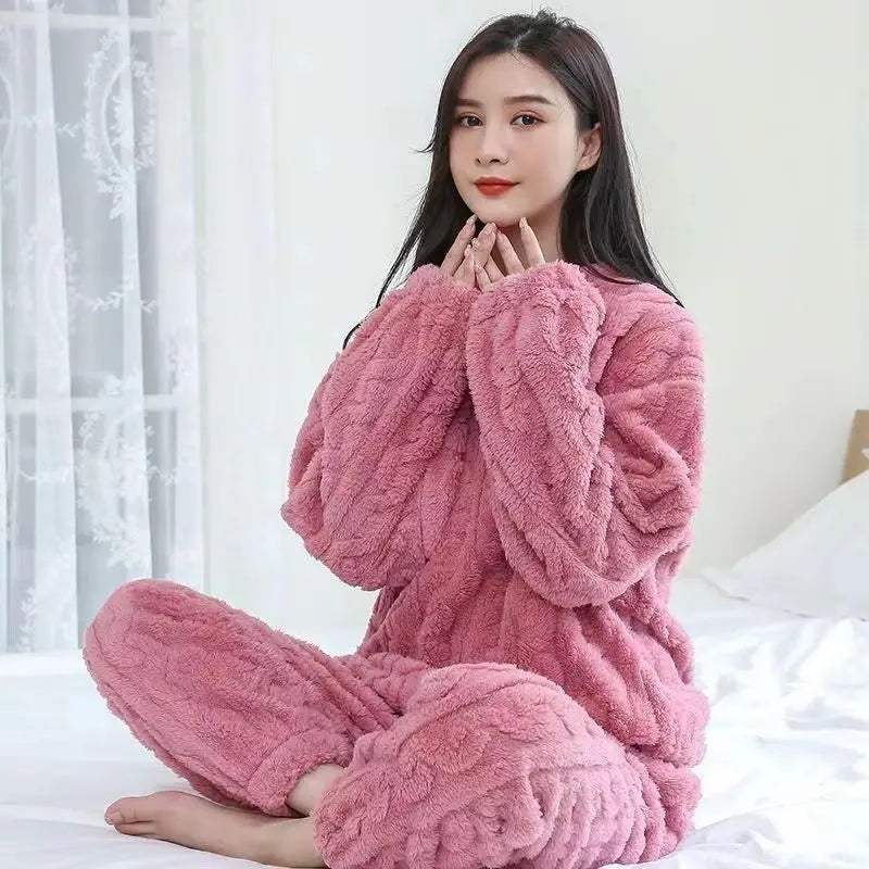 HELIAR Women Warm 2 Piece Sets Thicken Velvet Ribbed Fleece Set Pullover And Pants Casual Pajama Sets Women Autumn Winter 2024