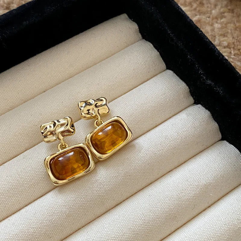 Vintage Brown Resin Tiger Eye Stone Dangle New Earrings For Women Fashion Silver Needle Earring Personality Melard Color Jewelry