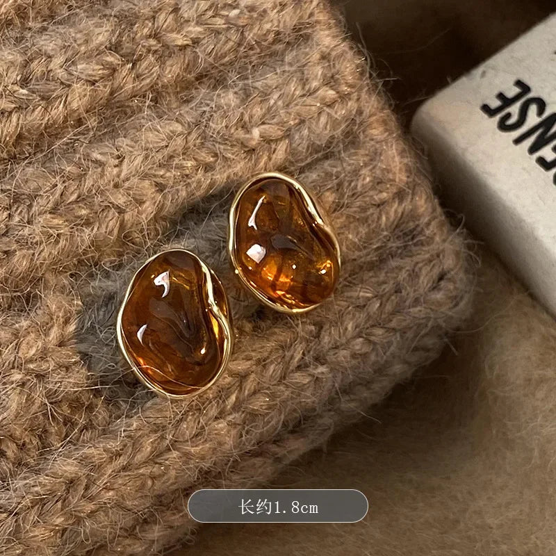 Vintage Brown Resin Tiger Eye Stone Dangle New Earrings For Women Fashion Silver Needle Earring Personality Melard Color Jewelry