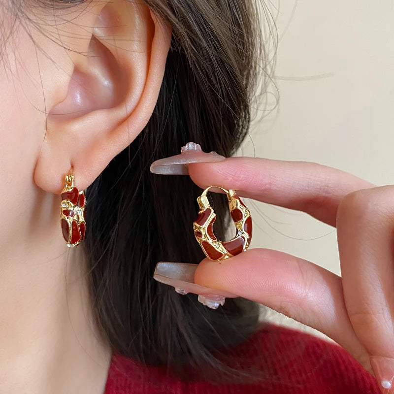 Gold Plating Dripping Coffee Color Tiger's-eye Stone Round U-shaped Hoop Earrings for Women Vintage Ear Buckles Fashion Jewelry