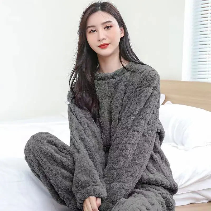 HELIAR Women Warm 2 Piece Sets Thicken Velvet Ribbed Fleece Set Pullover And Pants Casual Pajama Sets Women Autumn Winter 2024