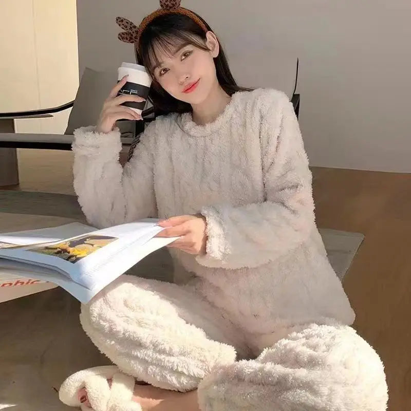 HELIAR Women Warm 2 Piece Sets Thicken Velvet Ribbed Fleece Set Pullover And Pants Casual Pajama Sets Women Autumn Winter 2024