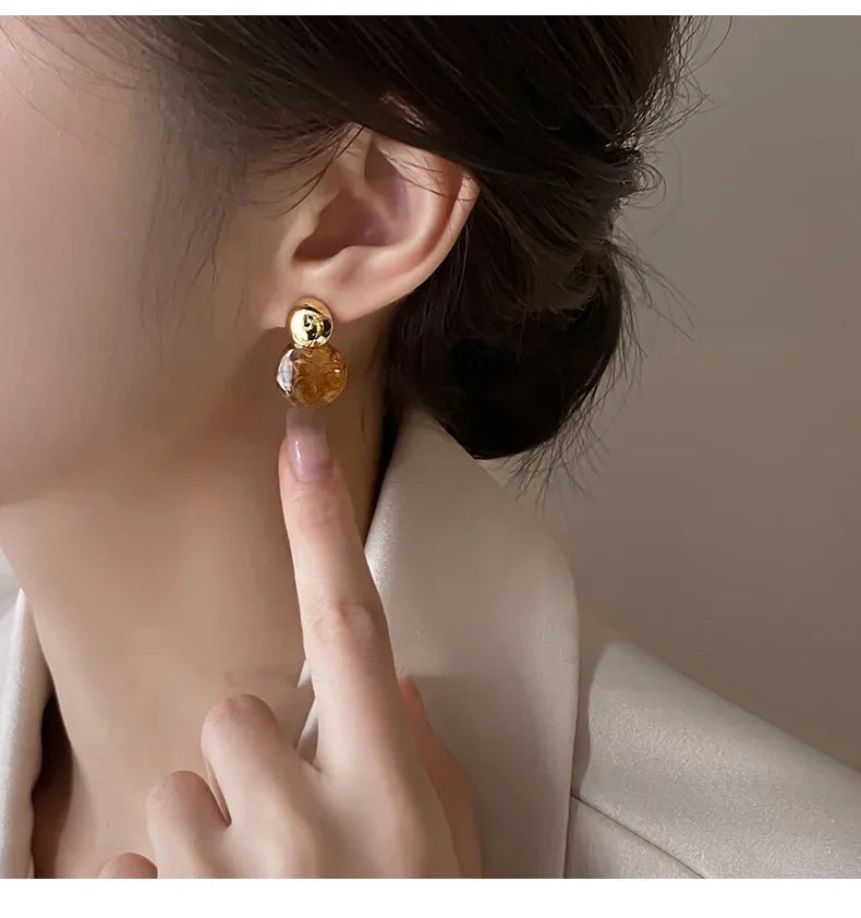Vintage Brown Resin Tiger Eye Stone Dangle New Earrings For Women Fashion Silver Needle Earring Personality Melard Color Jewelry