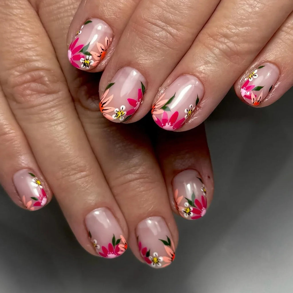 24Pcs Fairy White Flower Fake Nails Pink French Tip Press on Nails Short Square Wearable False Nail for Women Girls DIY Manicure