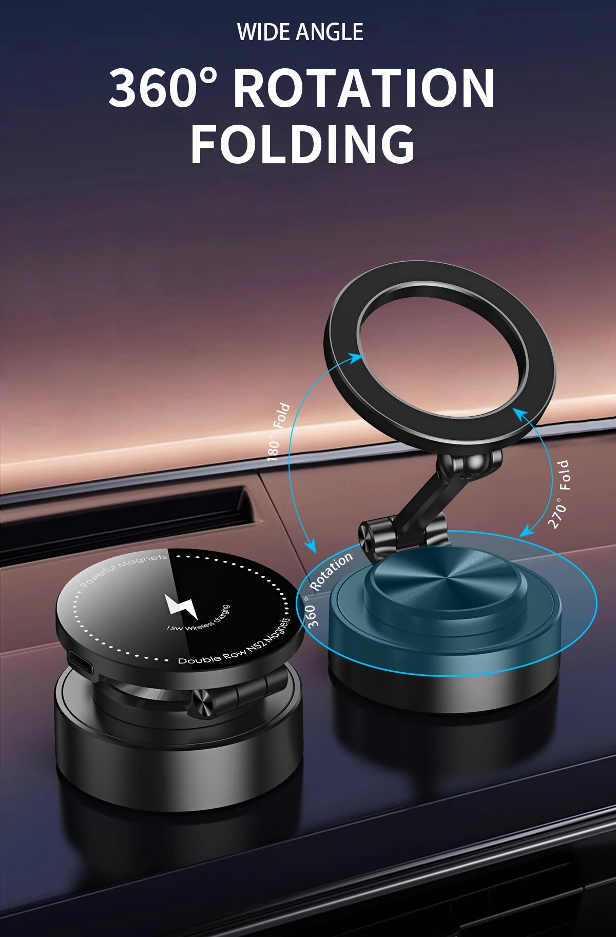 Double Sides Car Phone Holder Magnetic Vacuum Adsorption Bracket with Wireless Charger 360 degree Rotating Car Phone Stand