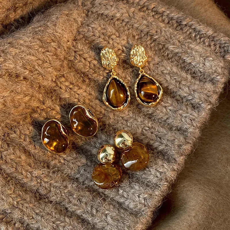 Vintage Brown Resin Tiger Eye Stone Dangle New Earrings For Women Fashion Silver Needle Earring Personality Melard Color Jewelry