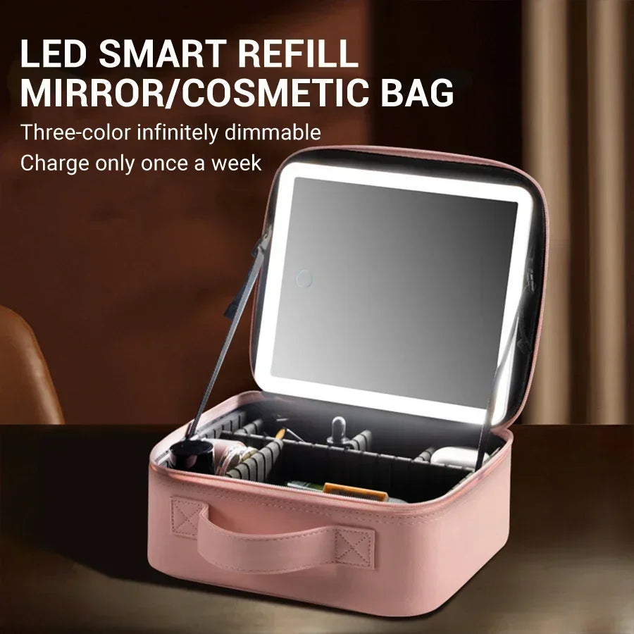 New LED Lighted Cosmetic Case With Mirror PU Leather Portable Travel Makeup Storage Bags Waterproof Travel Makeup Bag