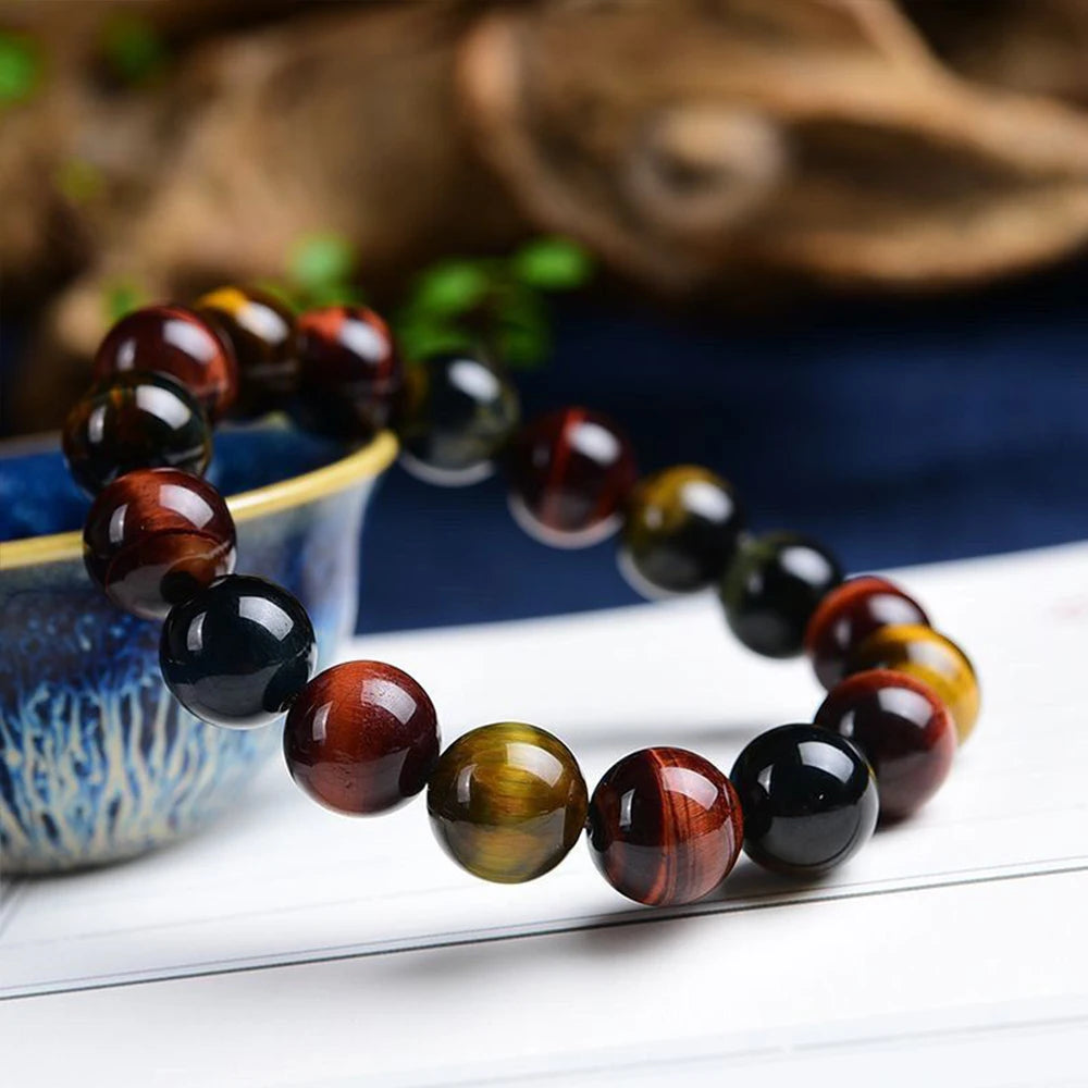 Colored Tiger Eye Bracelet Men and Women Charm Natural Stone Jewelry Healing Buddha Elastic Rope Couple Crystal Bead Bracelet