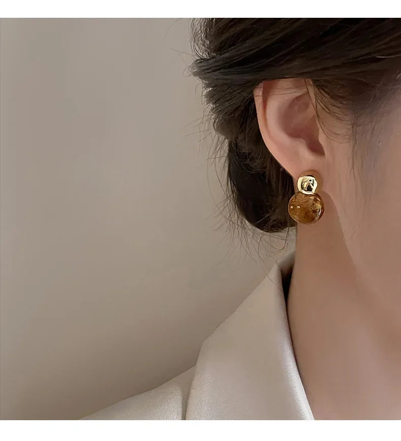 Vintage Brown Resin Tiger Eye Stone Dangle New Earrings For Women Fashion Silver Needle Earring Personality Melard Color Jewelry