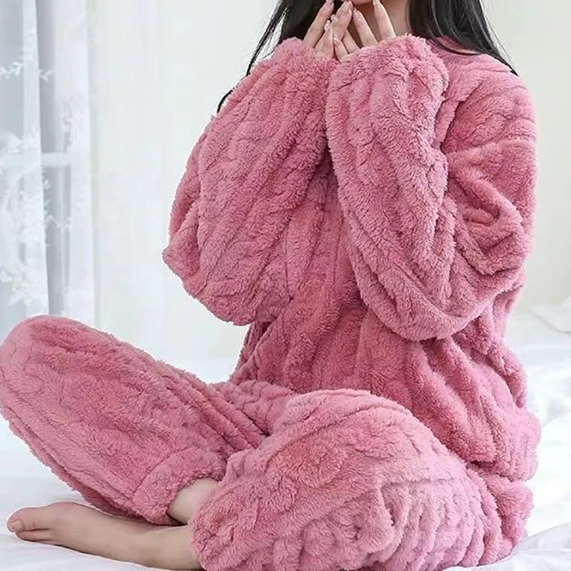 HELIAR Women Warm 2 Piece Sets Thicken Velvet Ribbed Fleece Set Pullover And Pants Casual Pajama Sets Women Autumn Winter 2024