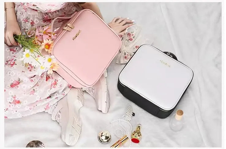 New LED Lighted Cosmetic Case with Mirror Waterproof PU Leather Portable Travel Makeup Storage Bags