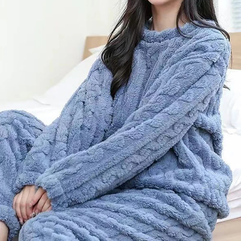 HELIAR Women Warm 2 Piece Sets Thicken Velvet Ribbed Fleece Set Pullover And Pants Casual Pajama Sets Women Autumn Winter 2024