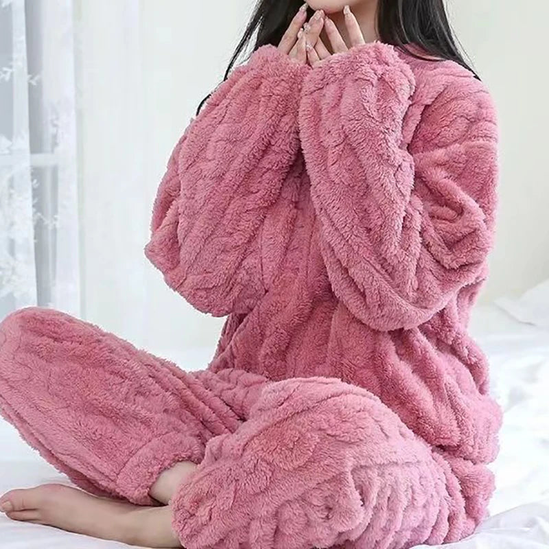 HELIAR Women Warm 2 Piece Sets Thicken Velvet Ribbed Fleece Set Pullover And Pants Casual Pajama Sets Women Autumn Winter 2024