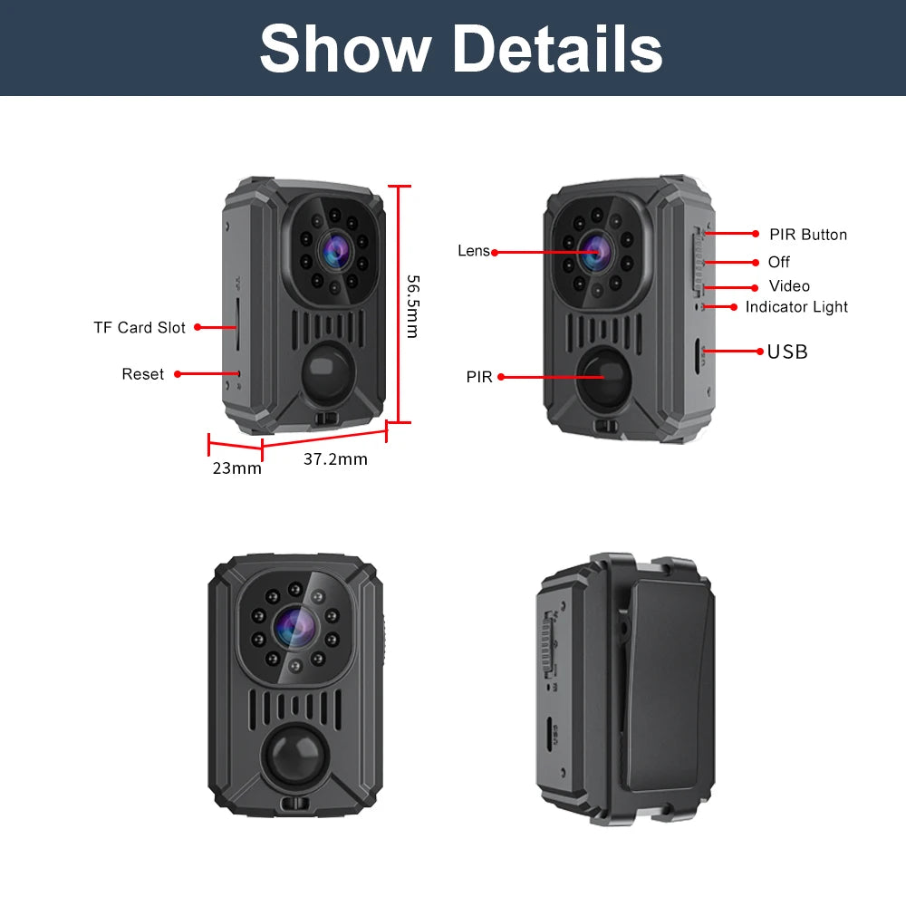 MD31 Mini PIR Video Body Camera Back Clip Photography DV Smart Camera HD 1080P Recorder Motion Activated Small For Car Nanny Cam