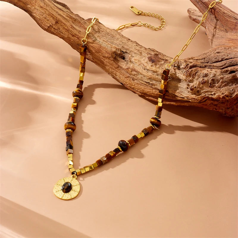 DIEYURO 316L Stainless Steel Square Beaded Vintage Tiger Eye Pendant Necklace For Women Fashion Trend Neck Chain Jewelry Gift