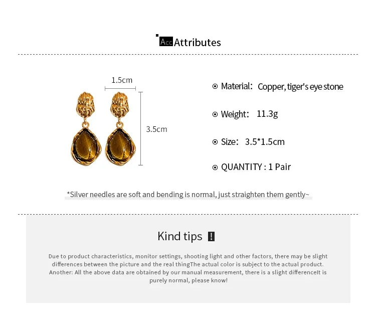 Vintage Brown Resin Tiger Eye Stone Dangle New Earrings For Women Fashion Silver Needle Earring Personality Melard Color Jewelry