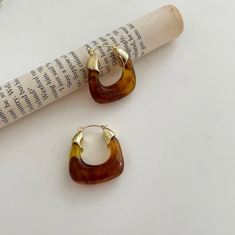 Gold Plating Dripping Coffee Color Tiger's-eye Stone Round U-shaped Hoop Earrings for Women Vintage Ear Buckles Fashion Jewelry